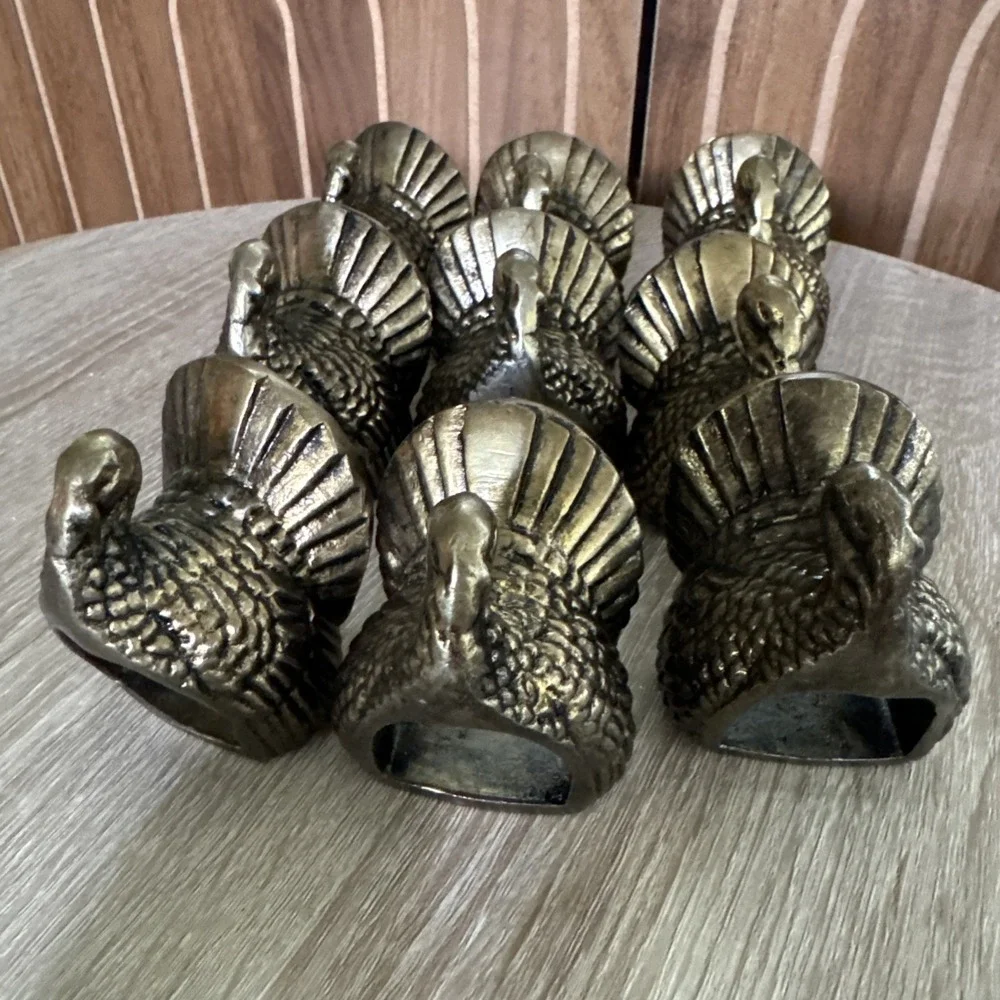 Vtg Set of 10 Brass Turkey Thanksgiving Holiday Quality Napkin Rings/Holders